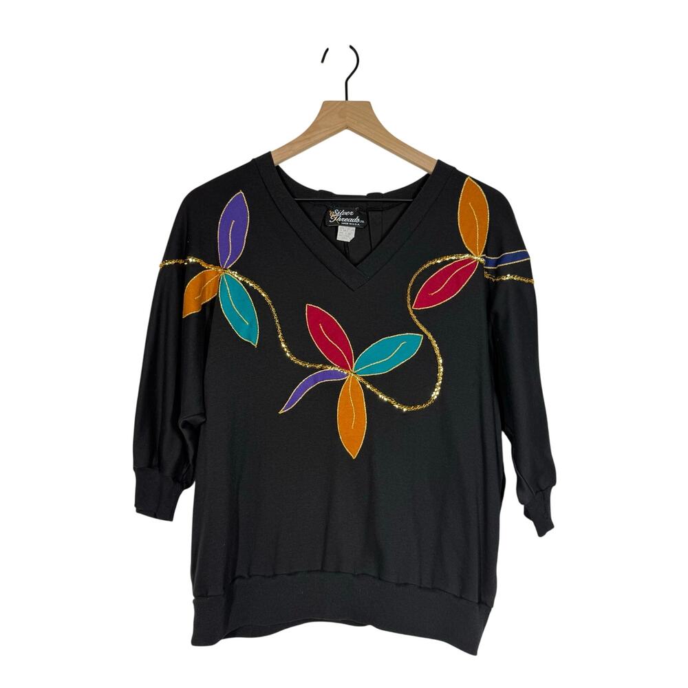Vintage Silver Threads Sweatshirt Size Small Black V-Neck Applique Sequin 80s